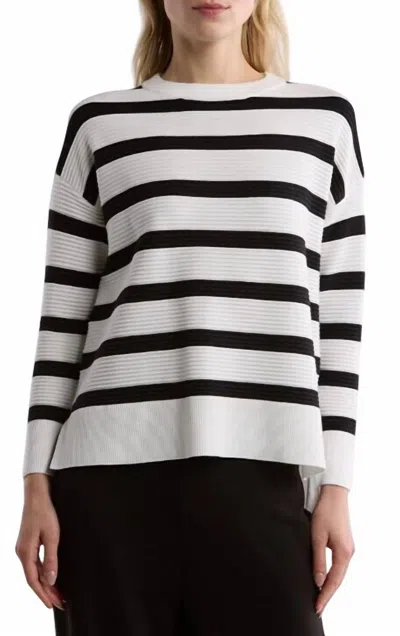 T Tahari Striped Crewneck Sweater In Snow Globe White, Black