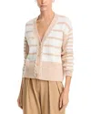 T Tahari Striped Whipstitched Cardigan In Soft Tan/white