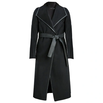 T Tahari Tahari Women's Black Juliette Double Face Wool Belted Coat With Faux Leather Trim