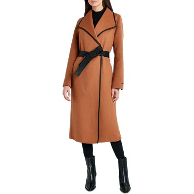 T Tahari Tahari Women's Black Juliette Double Face Wool Belted Coat With Faux Leather Trim Caramel In Brown