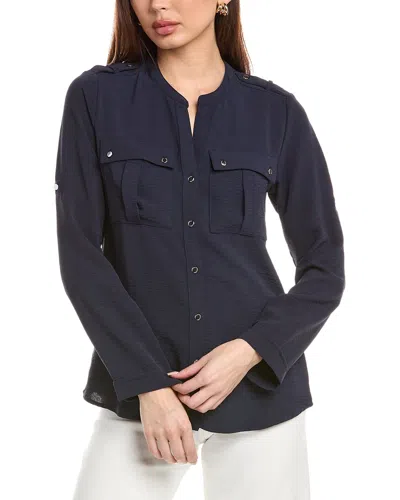 T Tahari Textured Roll Tab Blouse In Blue