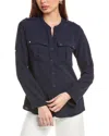 T Tahari Textured Roll Tab Blouse In Blue