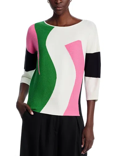 T Tahari Three Quarter Dolman Sleeve Boat Neck Abstract Stained Glass Colorblock Pullover Sweater In Multi