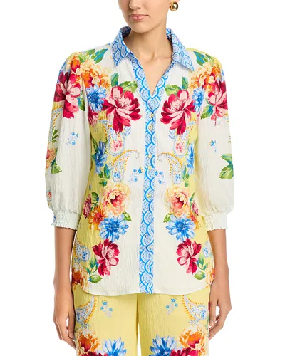 T Tahari Three Quarter Sleeve Button Down Blouse In Multi