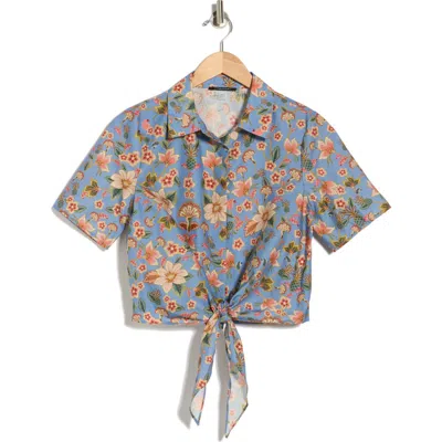 T Tahari Tie Front Short Sleeve Button-up Shirt In Blue