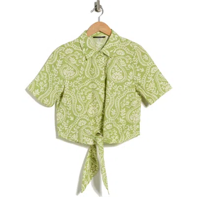 T Tahari Tie Front Short Sleeve Button-up Shirt In Green
