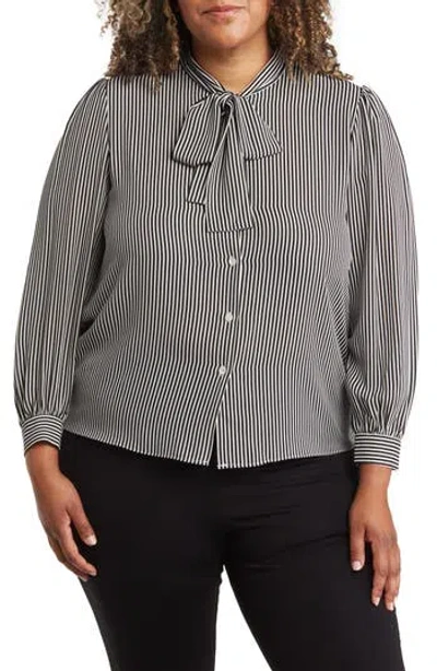 T Tahari Tie Neck Button-up Shirt In Ivory/black Stripe