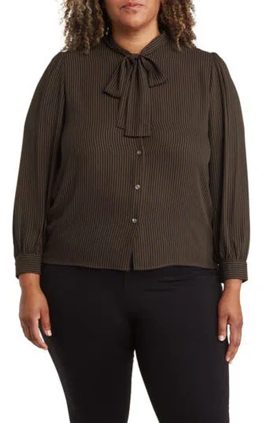 T Tahari Tie Neck Button-up Shirt In Olive/black Stripe