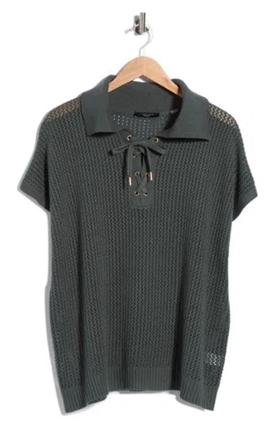 T Tahari Tie Neck Short Sleeve Open Stitch Sweater In Green