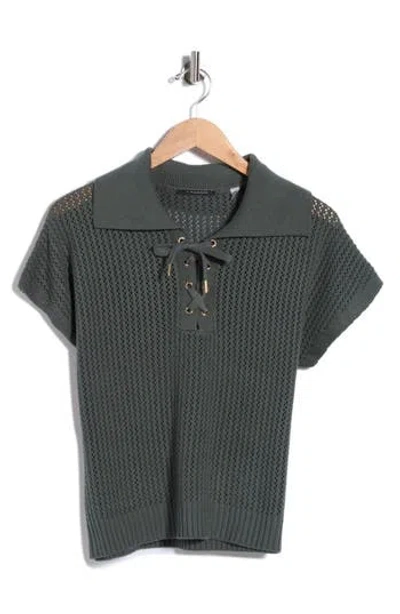 T Tahari Tie Neck Short Sleeve Open Stitch Sweater In Gray