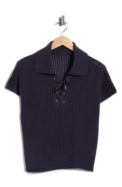 T Tahari Tie Neck Short Sleeve Open Stitch Sweater In Black