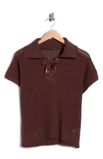 T Tahari Tie Neck Short Sleeve Open Stitch Sweater In Brown