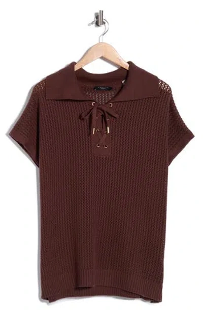 T Tahari Tie Neck Short Sleeve Open Stitch Sweater In Brown