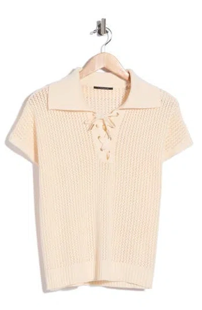 T Tahari Tie Neck Short Sleeve Open Stitch Sweater In Neutral