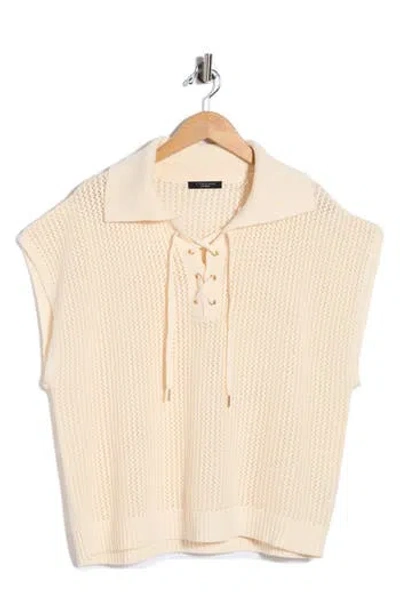 T Tahari Tie Neck Short Sleeve Open Stitch Sweater In Brown