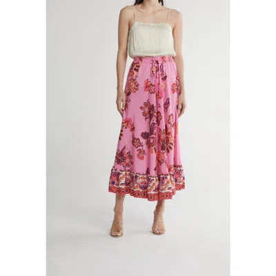 T Tahari Tiered Drawstring Waist Maxi Skirt In Pink/wht Geo Brush Floral