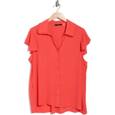 T Tahari Tiered Flutter Sleeve Button-up Shirt In Red