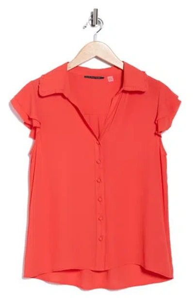 T Tahari Tiered Flutter Sleeve Button-up Shirt In Red