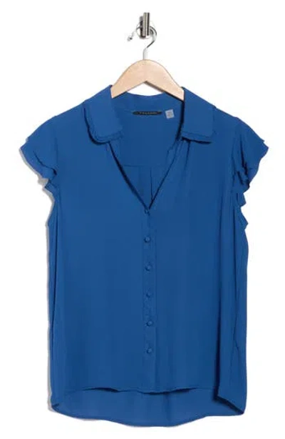 T Tahari Tiered Flutter Sleeve Button-up Shirt In Blue