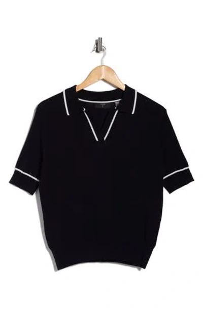 T Tahari Tipped Johnny Collar Polo Sweater In Black