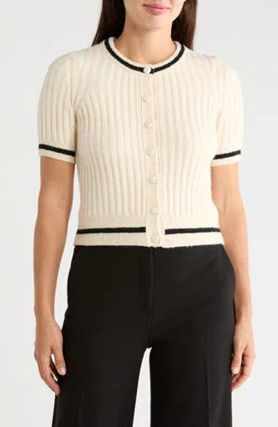 T Tahari Tipped Ribbed Short Sleeve Cardigan In Ivory / Black