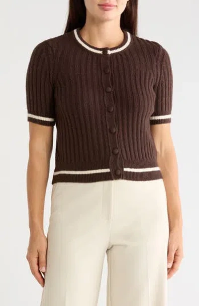 T Tahari Tipped Ribbed Short Sleeve Cardigan In Rich Mocha / Ivory