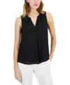 T Tahari Top Women's Black Pleated Split Neck Sleeveless Blouse Party Fts68 In Animal Print