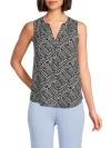 T Tahari Top Women's Black White Leaf Printed Sleeveless Split Neck Fts1155 In Black