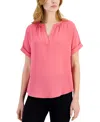 T Tahari Top Women's Bombay Pink Short Sleeve Round Hem Split Neck Fts14 In Pink
