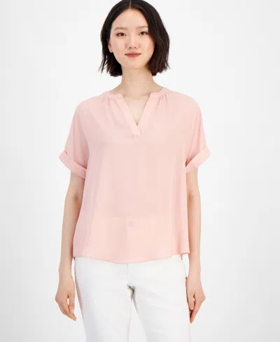 T Tahari Top Women Paradise Short Sleeve Rolled Cuff Split Neck Pullover Fts1227 In Pink