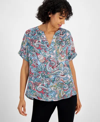 T Tahari Top Women's Royal Paisley Printed Rolled Cuff Split Neck Fts1167 In Multi