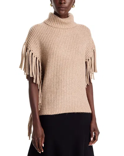 T Tahari Turtleneck Fringe Poncho Sweater In Neutral