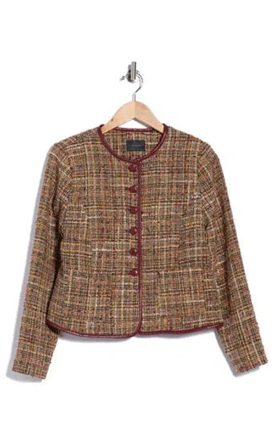 T Tahari Tweed Crop Jacket With Faux Leather Trim In Brown