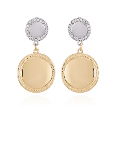 T Tahari Two-tone Glass Stone Circle Coin Drop Clip On Earrings In Gold