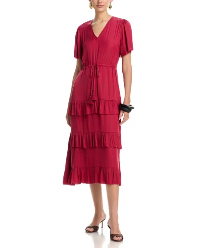 T Tahari V Neck Drawstring Waist Tiered Dress In Red