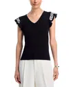T Tahari V Neck Flutter Sleeve Sweater In Black