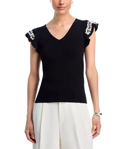 T Tahari V Neck Flutter Sleeve Sweater In Black