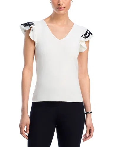 T Tahari V Neck Flutter Sleeve Sweater In White