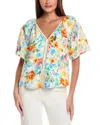 T Tahari V-neck Linen-blend Blouse In Multi