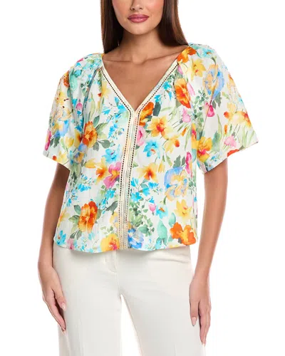 T Tahari V-neck Linen-blend Blouse In Multi