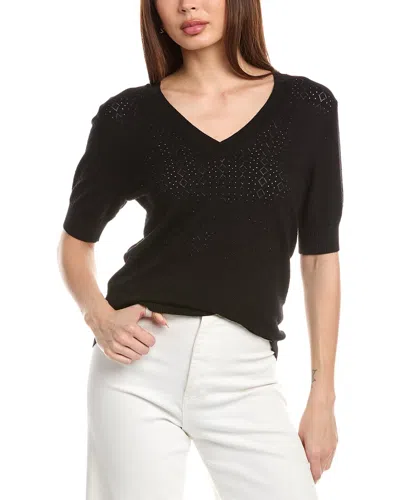 T Tahari V-neck Mitered Pointelle Pullover In Black