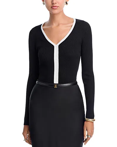 T Tahari V Neck Ribbed Sweater In Black
