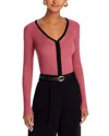 T Tahari Women's Contrast-trim Ribbed Long-sleeve Top In Velvet Rose