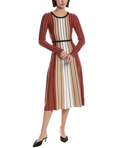 T Tahari Long Sleeve Round Neck Vertical Color Block Stripe Dress In Burgundy