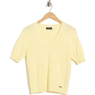 T Tahari V-neck Mitered Pointelle Sweater In Nude