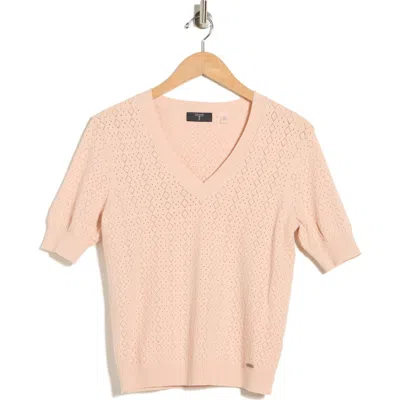 T Tahari V-neck Mitered Pointelle Sweater In Brown