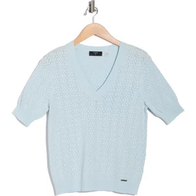 T Tahari V-neck Mitered Pointelle Sweater In Blue