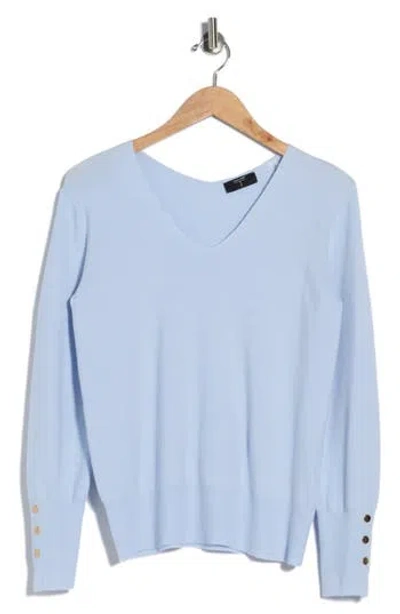 T Tahari V-neck Snap Cuff Sweater In Blue