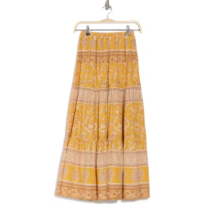 T Tahari Voile Tiered Maxi Skirt In Mustard Border Print