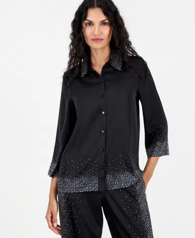 T Tahari Women's 3/4-sleeve Embellished Blouse In Black